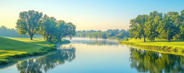 Fototapeta premium Serene river with a calm tributary joining, trees reflecting on water, peaceful natural landscape, soft morning light