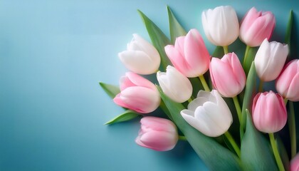 Fototapeta premium bouquet of pink and white tulips on a light blue background.