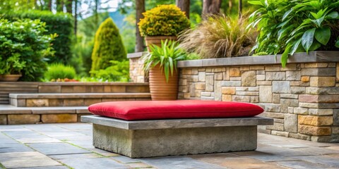 Stone seat with a red cushion on a beautiful outdoor patio, stone, seat, red cushion, patio, outdoor, garden, relaxation