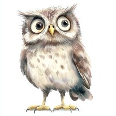 Naklejka premium Playful and Cute Watercolor Owl Character on White Background
