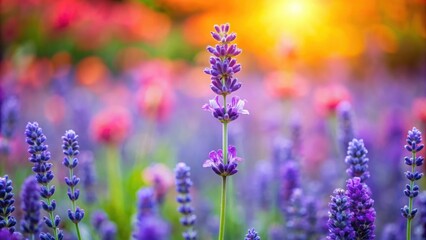 Naklejka premium Violet lavender flower standing out in a colorful flower garden, lavender, violet, flower, garden, vibrant, nature, blooming