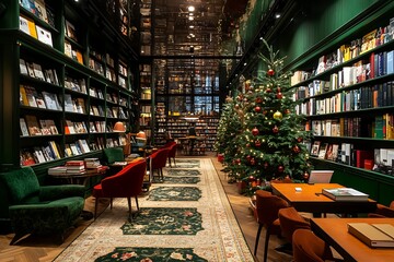 Elegant Interior Design of a Cozy Bookstore During Christmas Time