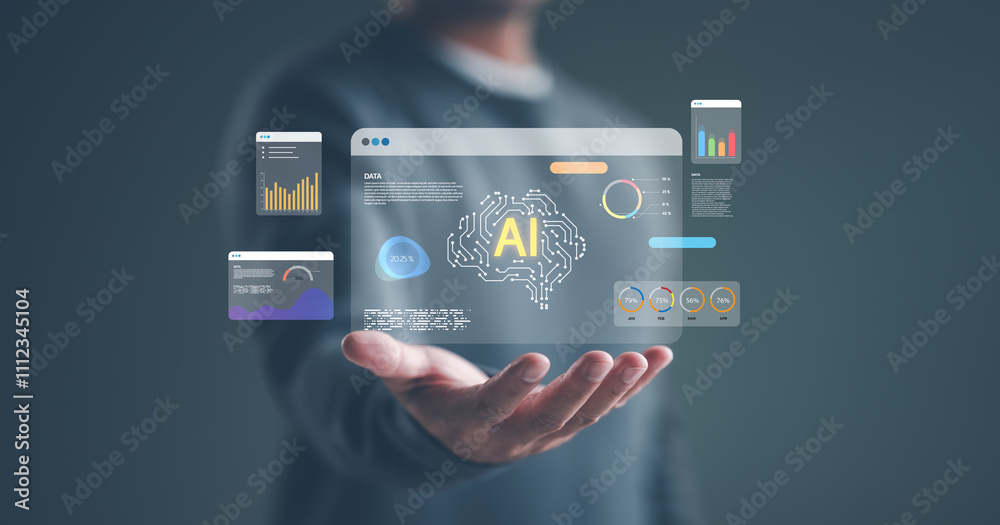 Poster ai tech, businessman show virtual graphic global internet connect ai, chat with ai, artificial intel