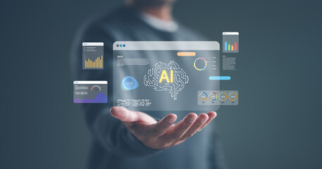 Ai tech, businessman show virtual graphic Global Internet connect Ai, Chat with AI, Artificial...