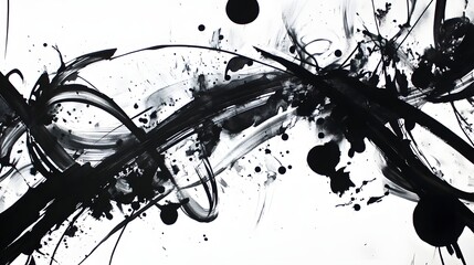 Abstract black and white artwork with dynamic lines and splatters.
