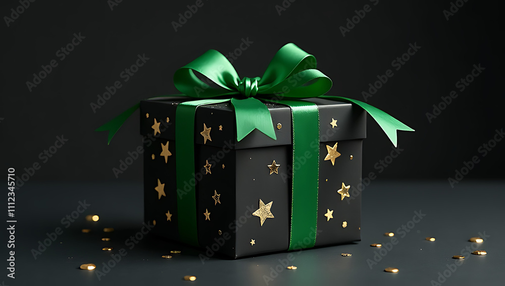Aufkleber stylish giftbox with green ribbon bow featuring golden stars and sequins on an isolated black backgr