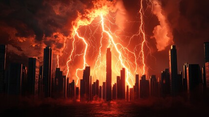 Obraz premium Peak energy forecast concept. A dramatic, fiery scene depicts a city skyline illuminated by lightning amidst a stormy sky, creating an apocalyptic atmosphere.