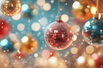 Colorful christmas balls hanging on turquoise background with fairy lights