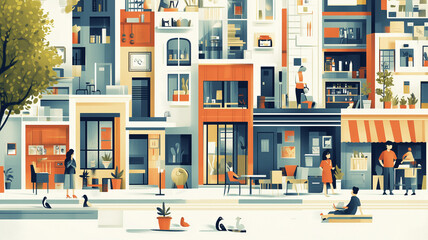 vibrant urban scene showcasing diverse people in lively neighborhood