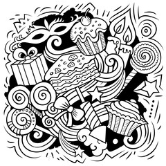 Happy Birthday vector doodles illustration.