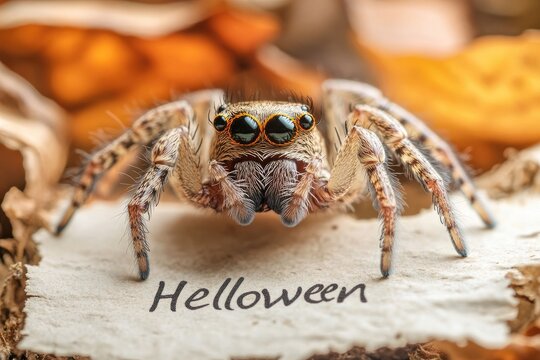 Jumping spider standing on halloween sign: