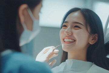 Asian woman smiling during dental check up in clinic, feeling relaxed