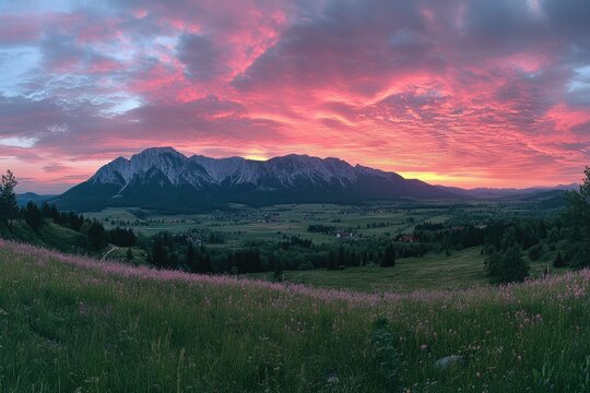 Breathtaking pink sunset illuminating the bucegi mountains in busteni, romania