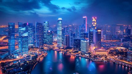 Fototapeta premium vibrant city skyline at night with illuminated buildings and reflections on water