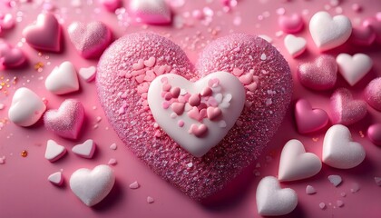 Fototapeta premium Pink and white heart-shaped candies and sprinkles on a pink background.