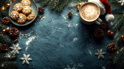 A flat lay cute cartoon Christmas scene with a steaming mug of hot cocoa, a plate of cookies, a Santa hat, and snowflakes scattered on a background.