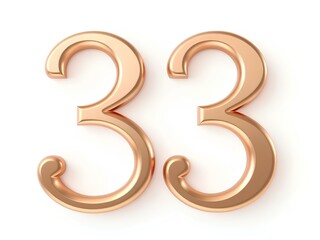 3D Golden Number 33 Isolated on White Background