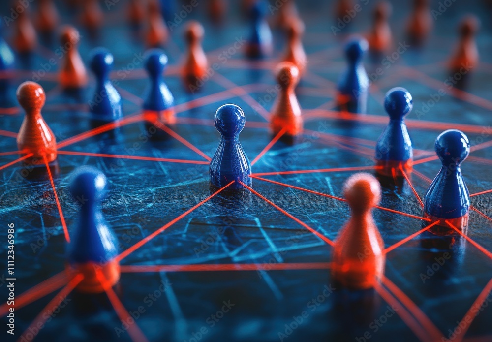 Poster abstract representation of digital connectivity with multicolored game pieces connected by red lines