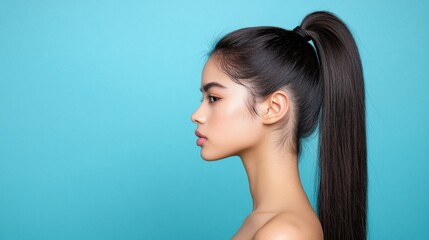 Obraz premium Sleek Ponytail with Glossy Finish Against Blue Background