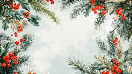 Botanical Christmas background, holiday design in watercolor & glitter