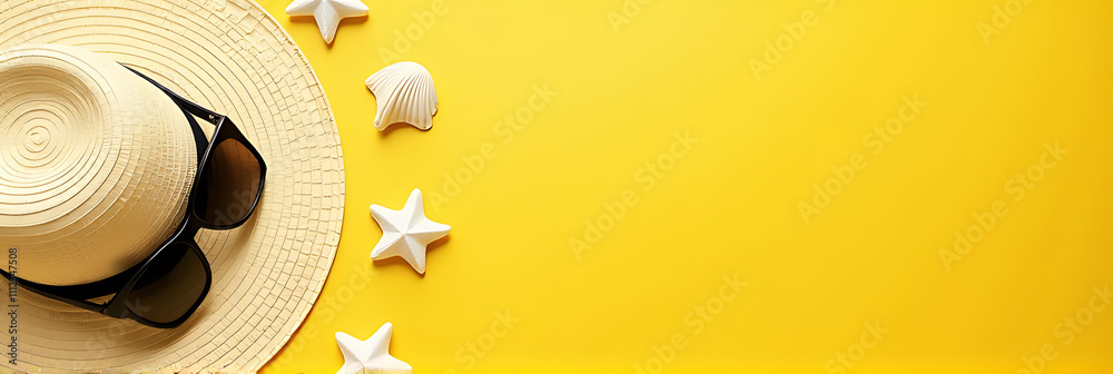 Poster relax and unwind with a summer escape featuring sunhat sunglasses and seashells on a bright yellow b