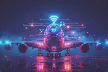 Futuristic aircraft with Wi-Fi symbol and device connection cables.