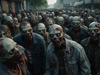 Crowd of zombies roaming the abandoned streets