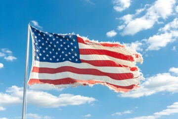 Fototapeta premium Tattered American Flag Blowing in the Wind Against Beautiful Sky for Patriotic