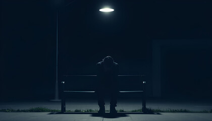 A person sitting alone on a bench under a streetlamp at night, their face buried in their hands, symbolizing loneliness and sorrow.