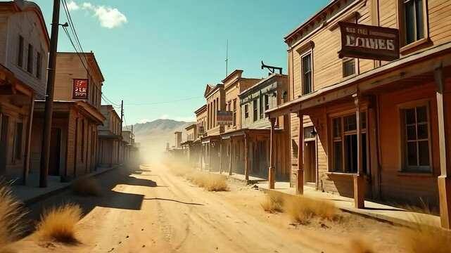 Dusty Street of a Deserted Western Town Under a Sunny Sky