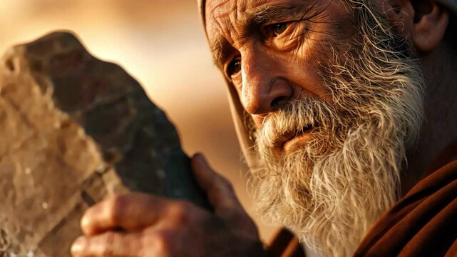 An elder man contemplates a stone tablet, capturing a moment of reflection, wisdom, and historical significance in a beautiful setting.