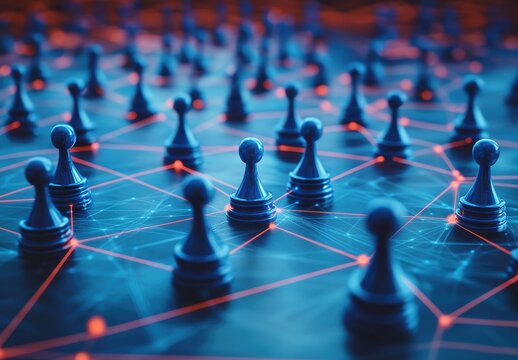 Blue chess pawns scattered on a dark board illuminated by glowing connections and network lines representing strategic planning and digital gameplay concepts