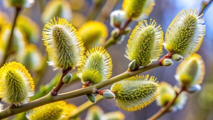 Fototapeta premium Close-up of fresh buds of willow , nature, tree, spring, branches, growth, macro, plant, green, leaves, seasonal, botany, buds