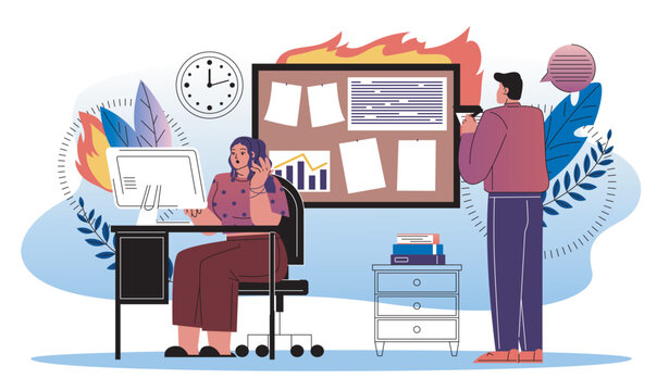 Workers with deadline. Man and woman working in burning office. Overworked employees. Poor time management and inefficient work process. Flat vector illustration