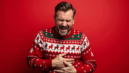 Man in Christmas sweater clutches his hurt stomach on a bright red background, eyes scrunched up in apparent discomfort._00001_