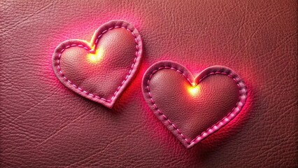 Fototapeta premium Embroidery of two hearts on pink leather illuminated by side light, hearts, embroidery, pink, leather, feminine