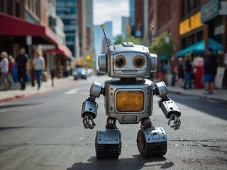 Cute small robot exploring a busy city street