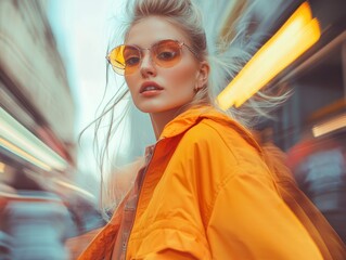 Stylish woman in orange jacket amidst urban glow