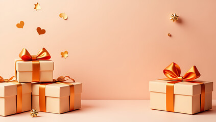 Handcrafted gift boxes with orange satin bows and decorations on a neutral pastel background for customizable advertising space._00001_