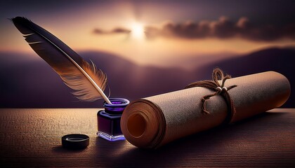 An ink feather and inkwell with a roll of paper, closeup, creating a vintage writing scene.