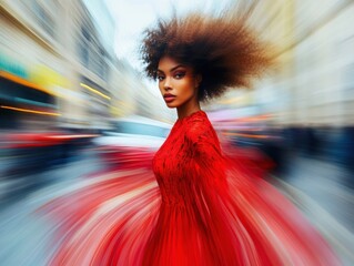 Woman in red dress spins in vibrant city street