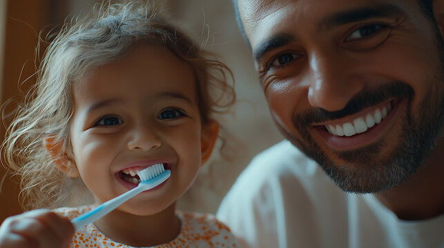Father sharing a joyful moment while teaching his daughter to brush her teeth at home during the morning routine
