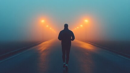 Obraz premium Runner on Foggy Morning Road with Streetlights