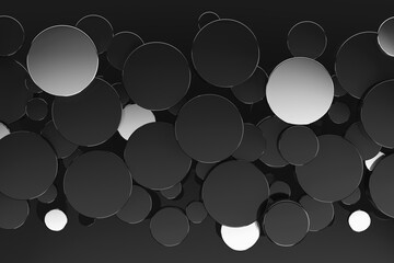 New year black abstract background with flying glossy black and silver circles as pattern, top view. 3D illustration rounded modern, luxury, perfect, geometric texture for sale, advertising, design.