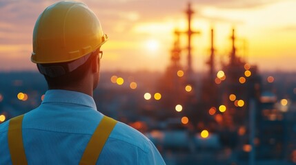 Engineer Overseeing Petroleum Operations at Sunset