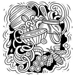 Fototapeta premium Cartoon vector doodles Honey illustration. Funny detailed, with lots of objects background
