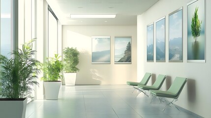 Fototapeta premium Bright, modern hallway with seating, plants, and nature-themed artwork.