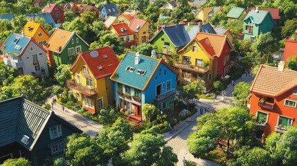 A bird's-eye perspective of a lively neighborhood with houses painted in vivid colors, surrounded by lush greenery
