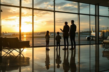 Family Silhouette at Airport During Sunset