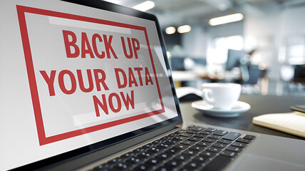Red text reading "Back up your data now" appears on a laptop screen in a modern office space.